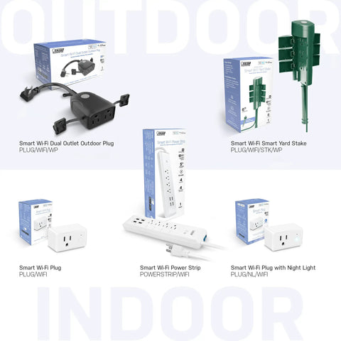 Image showing various smart Wi-Fi plugs, including outdoor dual outlet and indoor power strip, compatible with Alexa and Google Home.