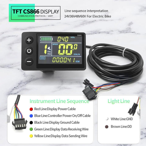 TFT CS866 display for Knockout Electric Bike Brushless Controller 40 Amp Sine Wave with wiring details and line sequence.