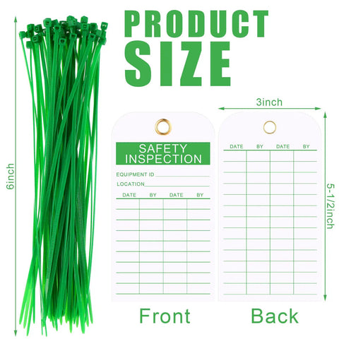 Fire Extinguisher Safety Inspection Tags 50 Pack With Green Zip Ties PVC Labels For Indoor Outdoor Use, 6in ties, 3x5.5in tags
