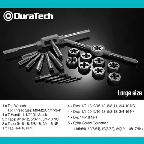 Large Size Tap And Die Set For DIYer And Home Mechanic, 23 Piece Rethreading Kit With Internal And External Threads, Screw Extractor Featured