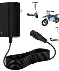 24V Electric Scooter Charger For A Wide Range Of Models Including MX350 E100 E125 E150 E175 E200 E200S E300 E300S E500 Pocket Mod Sports Mod And Dirt Quad, Compact AC Charger With 100V-240V Input For Fast Safe Recharging At Home Or On The Go - shown with various scooters