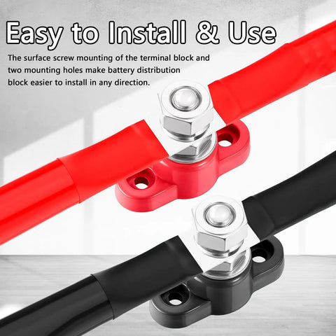 Heavy Duty Built Tough 12V Power Distribution Block With Three Eighth Inch M10 Stud Insulated Battery Post Junction red and black cables