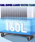 Built Tough Shop Grade Evaporative Air Cooler With Three Speed Fan Blades And Roll Away Casters For Garage Warehouse Cooling Massive 160 Liter Water Tank, featuring a 160L water tank.