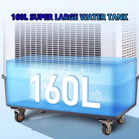 Built Tough Shop Grade Evaporative Air Cooler With Three Speed Fan Blades And Roll Away Casters For Garage Warehouse Cooling Massive 160 Liter Water Tank, featuring a 160L water tank.