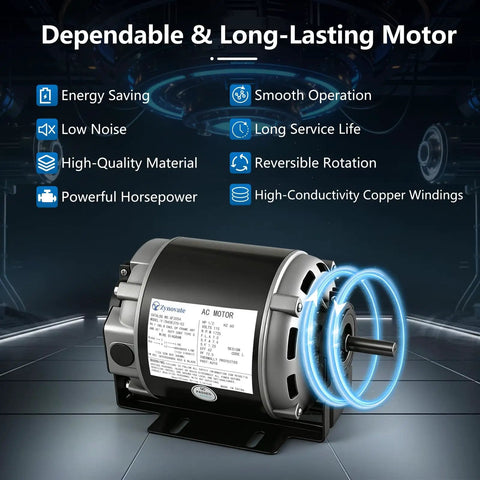 Half Horsepower 115 Volt 60 Hz 1725 RPM Belt Drive Fan Motor With 48 Frame For HVAC Systems Reversible Rotation Class B Insulation Thermal Protection And Long Lasting Quiet Operation, side view