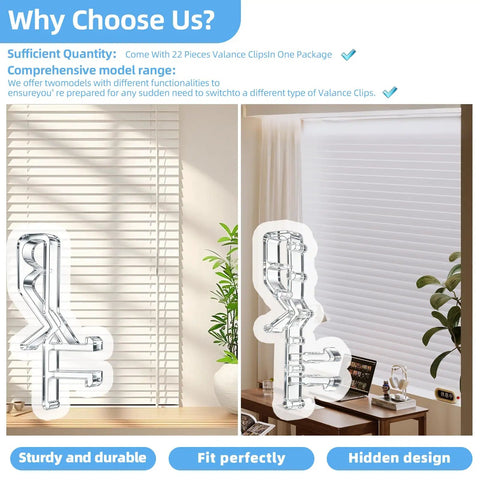 Heavy Duty Valance Clips For Window Blinds 22 Piece Set featuring transparent design and dual models for versatile installation.