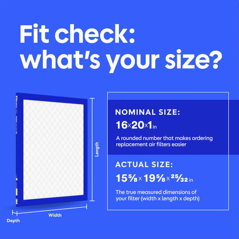 Fit check chart showing nominal and actual dimensions of 16x20x1 air filter MERV 13 MPR 1900 for allergens, bacteria, viruses.
