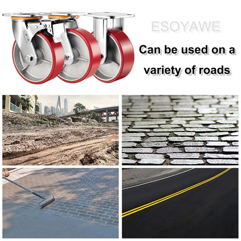 Built Tough Heavy Duty Plate Caster Replacement Set Featuring Dead Silent Polyurethane Wheels on various road surfaces.