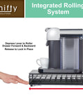 Hand using Vertuoline Rolling Coffee Pod Drawer Satin Black, 40 Pod Holder demonstrating smooth glide feature under coffee maker