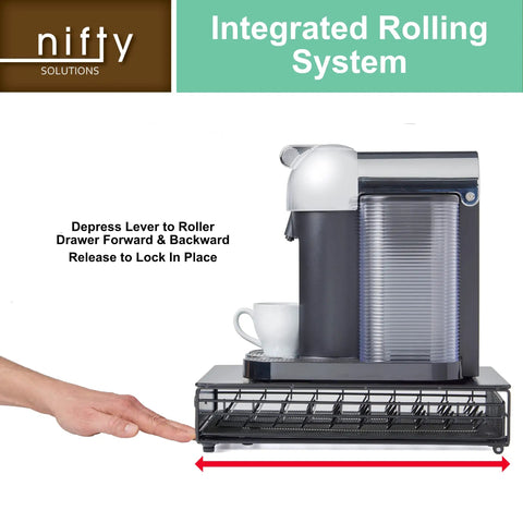 Hand using Vertuoline Rolling Coffee Pod Drawer Satin Black, 40 Pod Holder demonstrating smooth glide feature under coffee maker