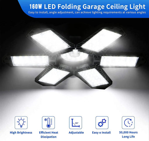 Two Pack 160W LED Shop Light With 6+1 Adjustable Panels, ceiling mount, bright white illumination, garage ceiling light, icons below