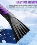 Close-up of 5 In 1 Ice Scraper And Extendable Snow Brush with durable ABS blade breaking ice on a car windshield.