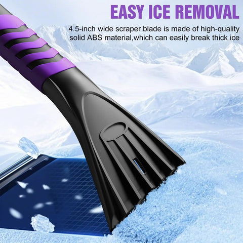 Close-up of 5 In 1 Ice Scraper And Extendable Snow Brush with durable ABS blade breaking ice on a car windshield.