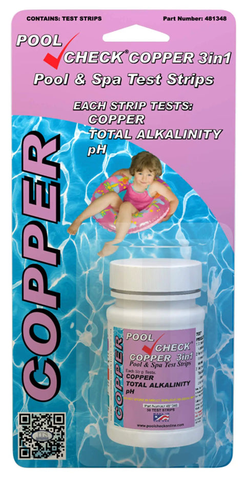 3 In 1 Pool Test Strips Copper PH Total Alkalinity Kit Easy Dip And Read 50 Strips USA Made with packaging and pool background