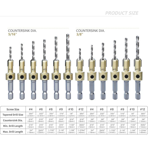 Pro Countersink Drill Bit Set 12 Pc With Sizes 4 6 8 9 10 12 Two Cutting Diameters Beefed Up For Woodworking