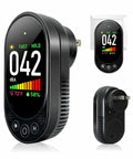 Plug In 3 In 1 Decibel Meter With Temperature And Humidity Reader, black wall plug with digital sound, temp, and humidity display