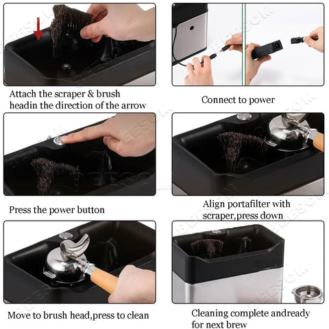 Hustle Free Automatic Puck Shooter Knock Box Kills Coffee Residue Fast Keeps Your Drip Game Sharp With Turbo Rotation Matches Any Standard 58mm Portafilter showing cleaning steps with brush and portafilter.