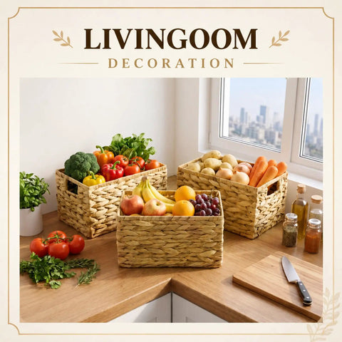 Three Pack Wicker Storage Baskets With Handles For Laundry Room And Bedroom Water Hyacinth Woven Bins Medium Size Dope Natural Color Look