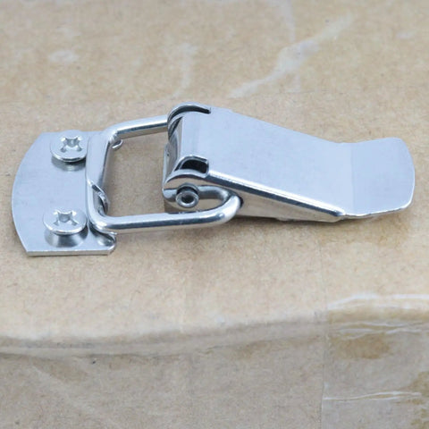 Heavy Duty 304 Stainless Steel Toggle Latch Set 1.87 By 0.87 Inch, mounted on a cardboard box, showcasing rust-resistant material.