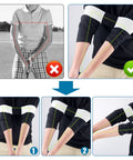 Instructional images showing proper use of Golf Grip Trainer Attachment And Swing Correcting Arm Band for righties and lefties.