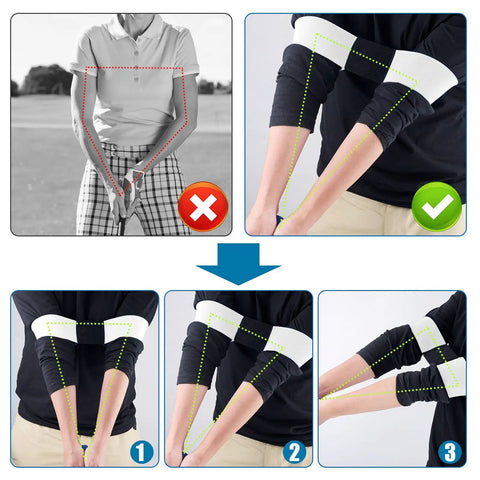 Instructional images showing proper use of Golf Grip Trainer Attachment And Swing Correcting Arm Band for righties and lefties.