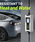 Level 1 And 2 EV Charger With 40 Amp Output, 9.6kW Fast Home Charging Station, shown charging a car in the rain