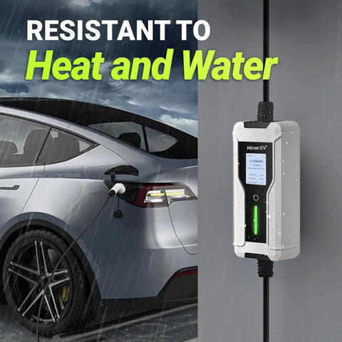 Kickin Ass Portable EV Charger Level 1 And 2 Delivers 40 Amp 9.6KW Power With J1772 And Tesla NACS Adapters mounted outside in rain.