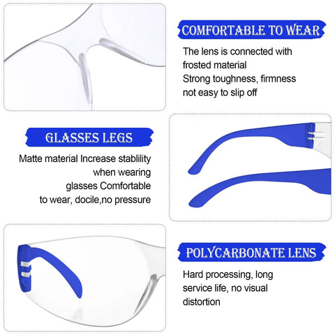 Heavy Duty Safety Glasses Bulk Pack With Clear Lenses And Durable Blue Frames Engineered For The Daily Grind close-up of matte blue frame legs and clear polycarbonate lenses.