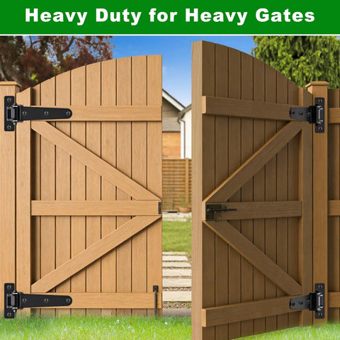 Wooden gates with Beefy Heavy Duty Gate Hinges 1000 Lbs Per Pair, 13 Inch Strap Hinges, black, installed on barn entrance.