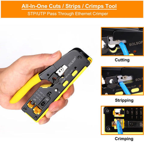 All In One Pass Through RJ45 Crimp Tool Kit With Network Cable Tester for Cat5, Cat5e, Cat6, Cat6A, Cat7 Ethernet Cables in hand