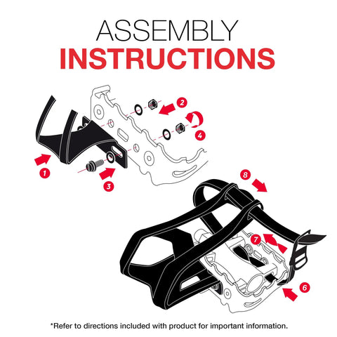 Assembly instructions for Toe Clips L/XL And 515XL Toe Straps Set With Technopolymer Double Prongs And 440mm Braided Straps.