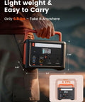 Person carrying a lightweight portable power station with 600W continuous power and 1200W surge, measuring 9.4 x 6.5 x 7.1 inches.