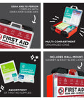 First aid kit in red portable case; OSHA/ANSI 10-person, 100 pieces with multi-compartment design