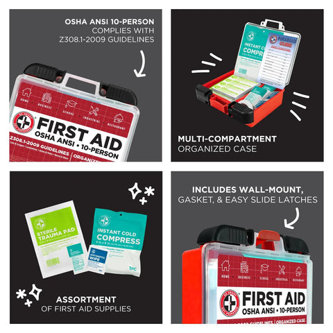 First aid kit in red portable case; OSHA/ANSI 10-person, 100 pieces with multi-compartment design