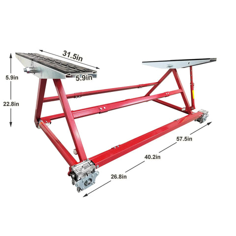 Portable Dual Workbench Scissor Lift Providing 4400 Lbs Capacity And Three Adjustable Widths, showing dimensions and heavy-duty frame.