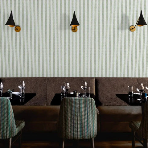 Kickin Green Stripe Textured Vinyl Wallpaper With Rock Solid Durability For Commercial And Home Spaces Custom Printed Top Shelf Heavy Wallcovering in a restaurant setting.