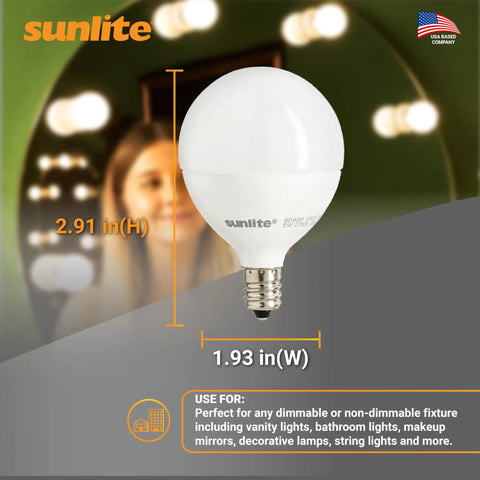 G16.5 Globe LED Bulbs 5W 40W Equivalent Dimmable E12 Candelabra Base Frosted 2700K Soft White Vanity Mirror Short Bulbs 6 Pack