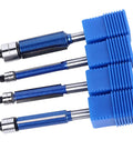 Top Notch 4 Piece Flush Trim Router Bit Set With Double Bearing Precision Guides And Tough 6Mm Shank For Smooth Woodworking Trimming Jobs Plus Storage Box Included showing four blue bits with double bearings.