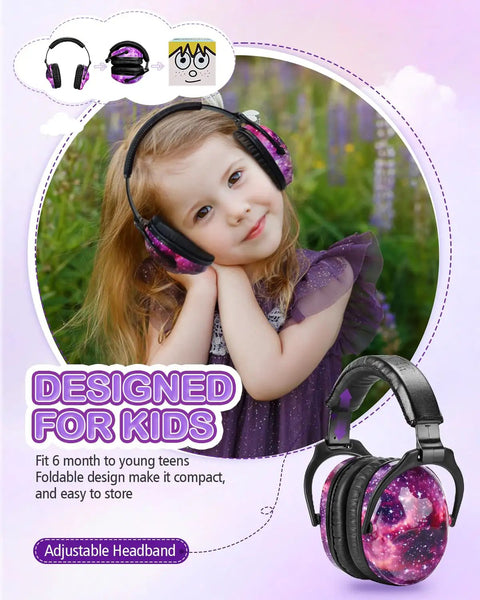 Child wearing kids noise canceling headphones ear protection designed for autism sensory safety with adjustable headband