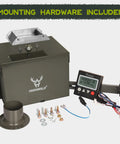 12 Volt Digital Power Control Unit For Deer Feeder With Universal Barrel Mounting Powder Coated Steel Housing Built Tough 8 Feed Times Per Day 1 To 30 Seconds Each Includes Digital Timer Motor Spinner Plate Drop Funnel And Protective Housing