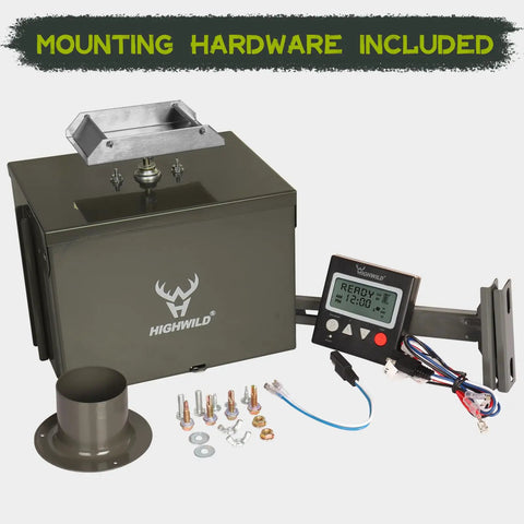 12 Volt Digital Power Control Unit For Deer Feeder With Universal Barrel Mounting Powder Coated Steel Housing Built Tough 8 Feed Times Per Day 1 To 30 Seconds Each Includes Digital Timer Motor Spinner Plate Drop Funnel And Protective Housing