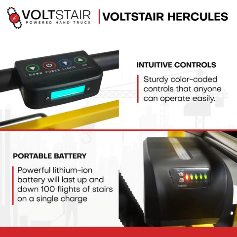 Voltstair Hercules Motorized Battery Stair Climbing Hand Truck control panel with color-coded buttons and battery indicators.