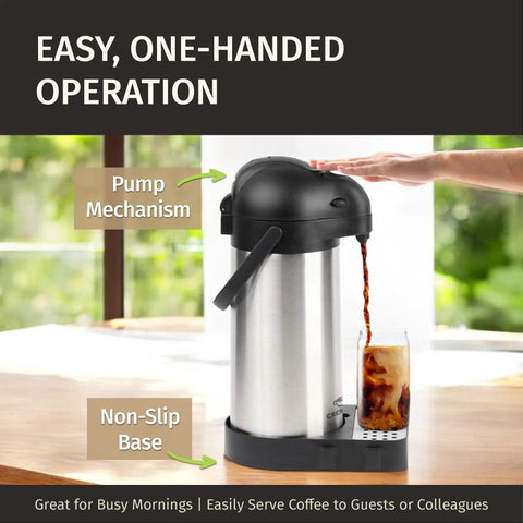 Three Liter Coffee Dispenser With Pump And Tray 102Oz Keeps Drinks Hot Up To 12 Hours And Cold For 36 Hours Stainless Steel Thermal Carafe in use