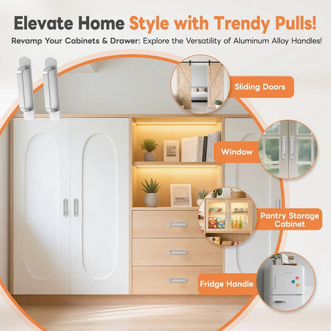 2 Pack 5.7 Inch Peel And Stick Cabinet Handles installed on sliding door, pantry cabinet, fridge door, and window