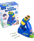 Image of Bindi Irwin Talking Microscope for Kids STEM toy with box, slides, and dual eyepieces for curious toddlers and preschoolers.