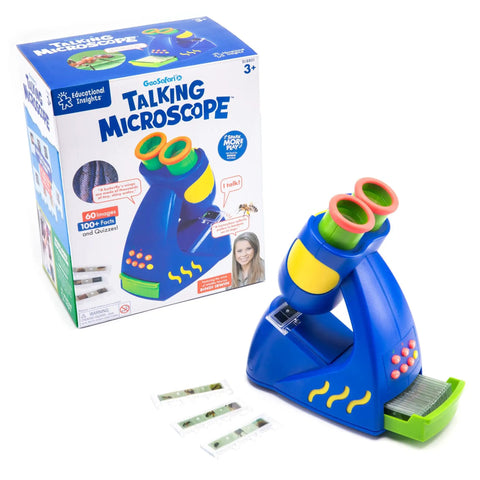Image of Bindi Irwin Talking Microscope for Kids STEM toy with box, slides, and dual eyepieces for curious toddlers and preschoolers.