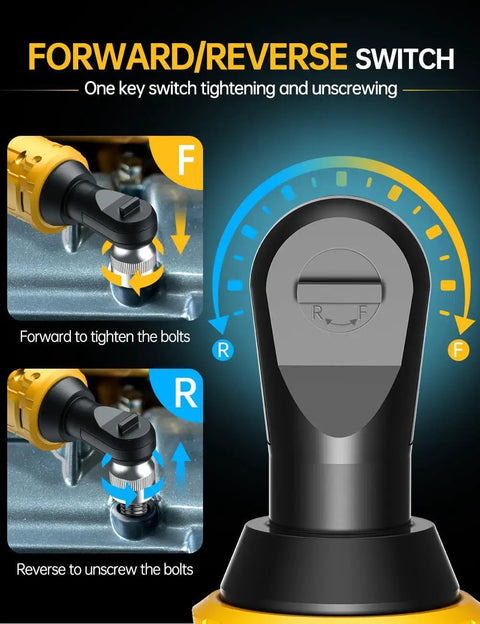 Cordless 3/8 Inch Ratchet Wrench For Dewalt 20V Battery showing forward and reverse switch for tightening bolts, close-up