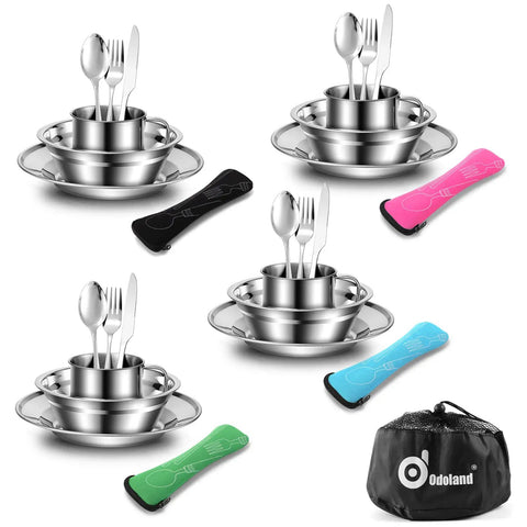 All In One 29 Piece Stainless Steel Camping Mess Kit For 4 With Bowls Plates Cups Forks Spoons And Knives In Durable Carry Case