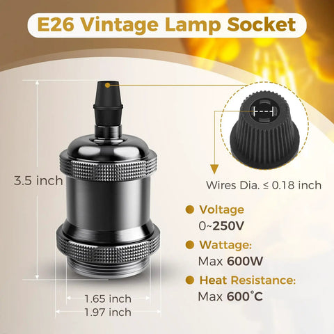 E26 Vintage Lamp Socket for Edison Pendant Lights, Old School Industrial Hanging Lamp Holder, Pearl Black, product specs displayed
