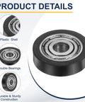 Close-up of 4 Pack Plastic Roller Wheels with Bearings for Conveyor Systems, black plastic shell, double bearings details.